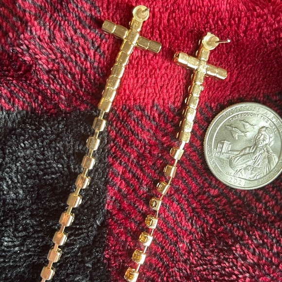 Long cross earrings champagne color crystal 2.5” long vtg 80s Dangling pierced - Picture 2 of 4